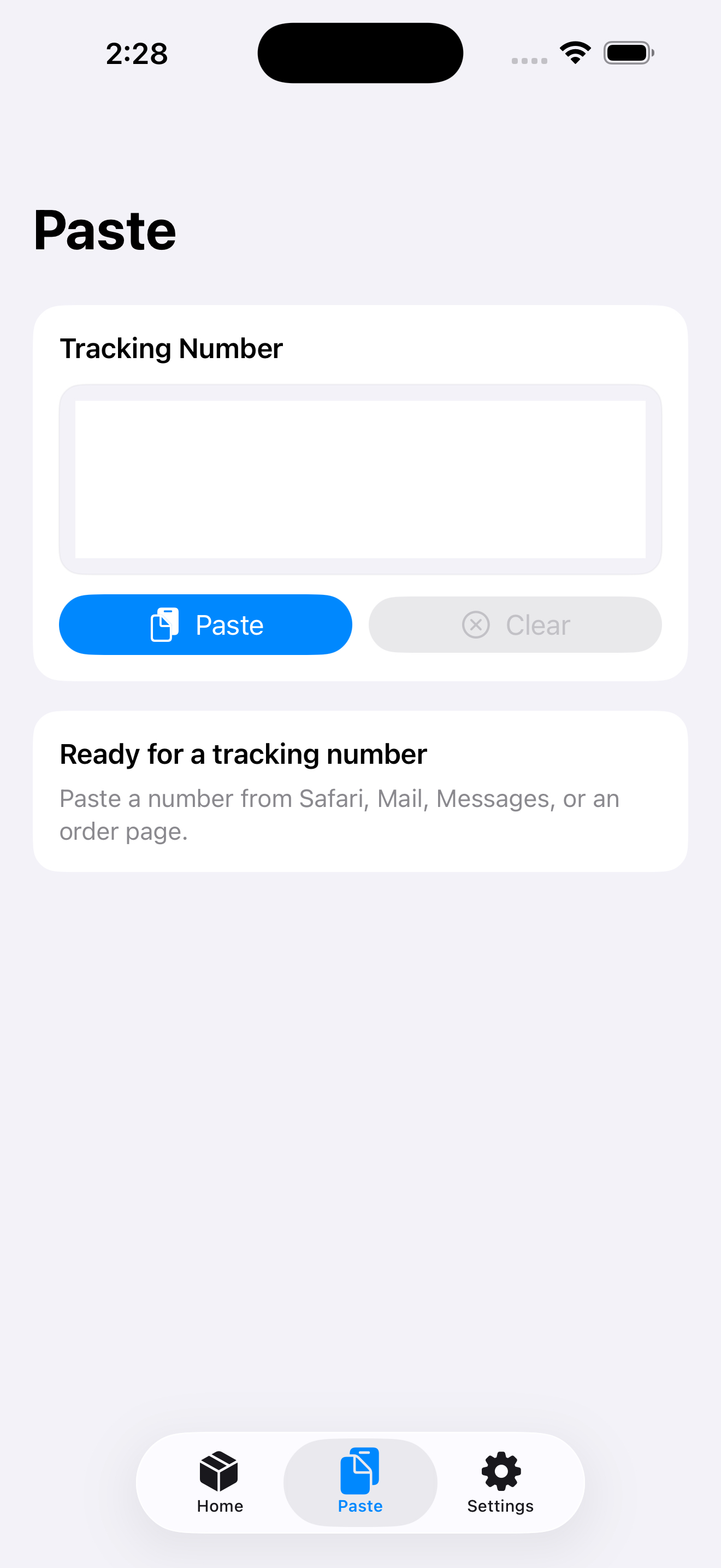 ParcelJump paste tracking number screen.