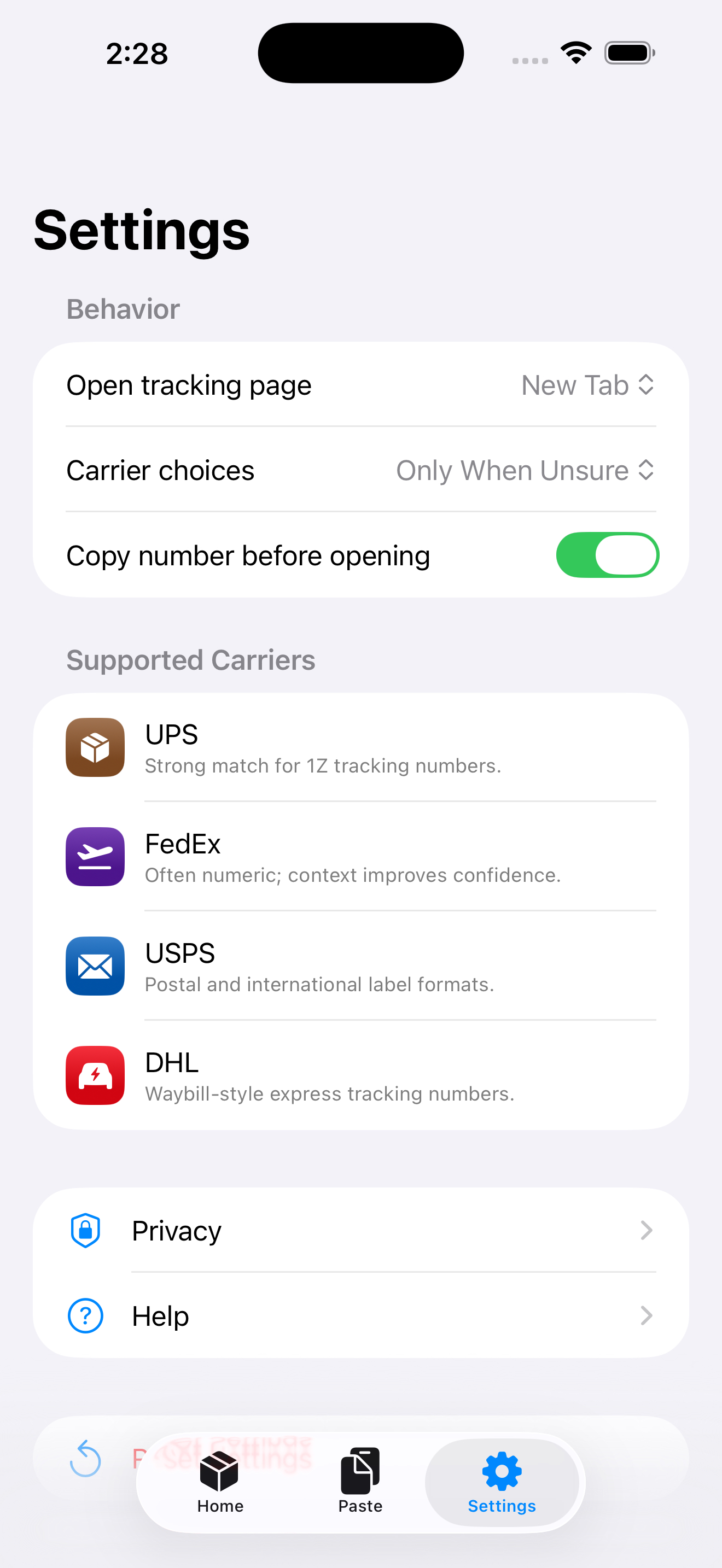 ParcelJump carrier settings screen.